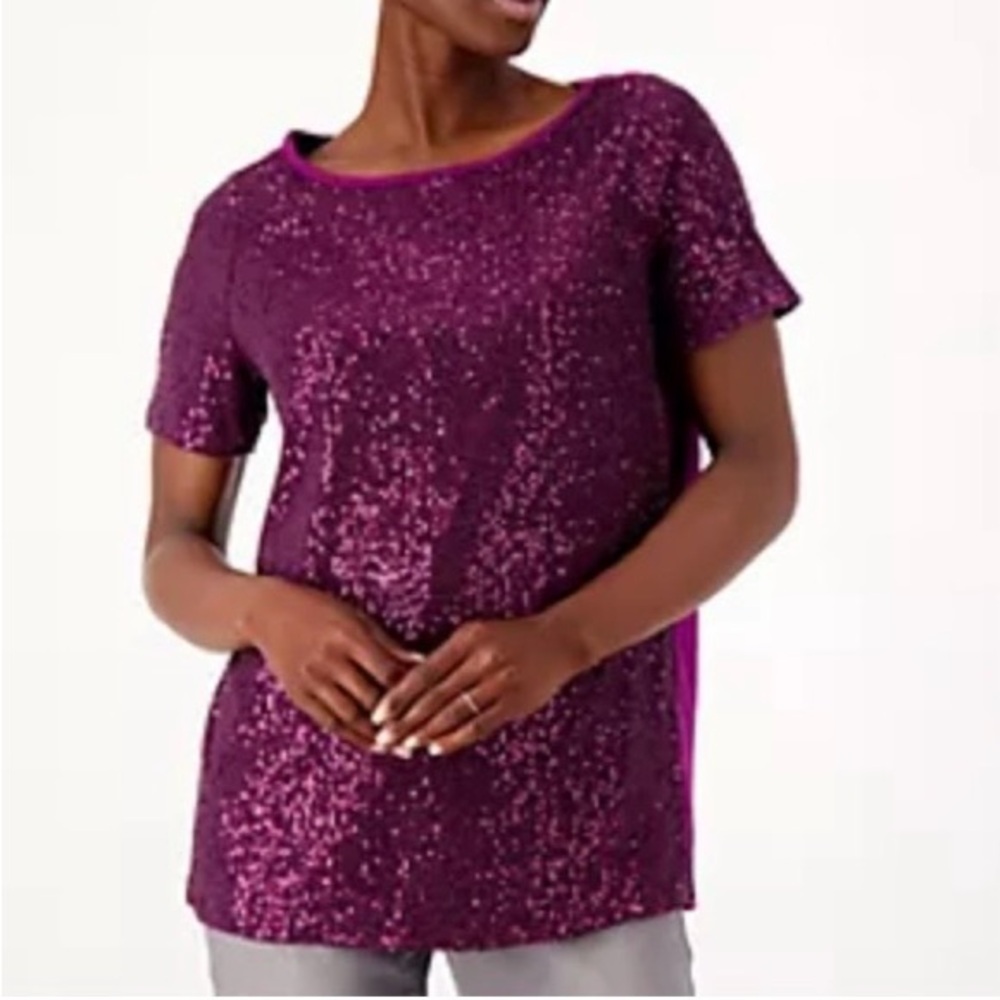 Belle by Kim Gravel Glittering Purple Short Sleeve Top